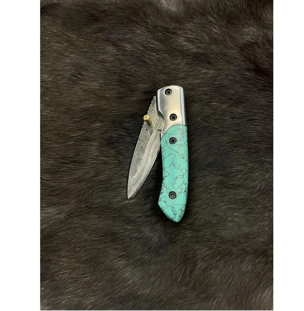 Azureglide Damascus Steel Turquoise (Resin) Pocket Knife