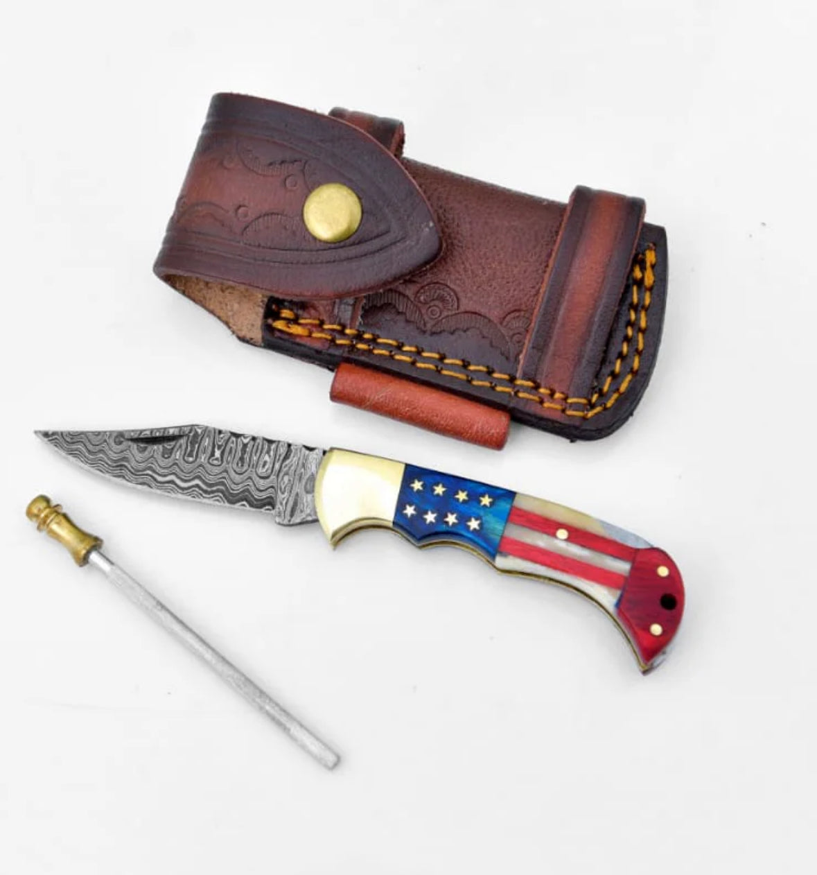 Damascus Steel Bolster with A Belt Clip - Patriot