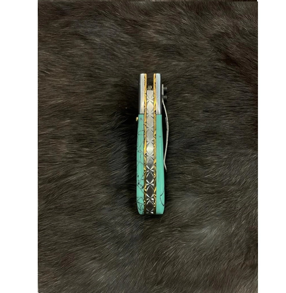 Azureglide Damascus Steel Turquoise (Resin) Pocket Knife